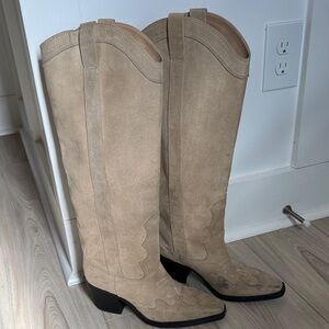 H&M faux leather tan suede knee high western style boots